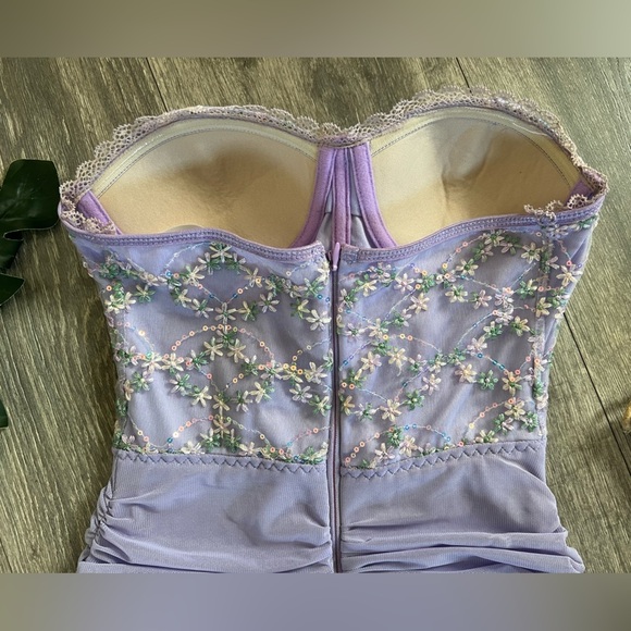 SHEIN Strapless Sweetheart Corset Floral Ruched Mini Dress in Purple. Size XS - Picture 9 of 16